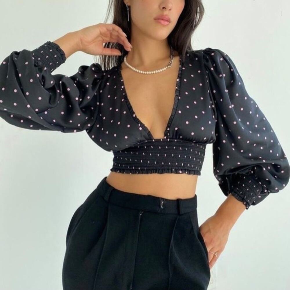 For Love & Lemons Carissa Crop Top Smocked Satin V Neck Voluminous Sleeve Blouse
